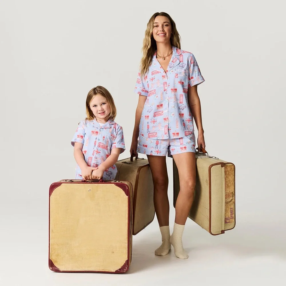 Posh Peanut London Print Pajama Set - blue red crown tea bus - Picture 3 of 4